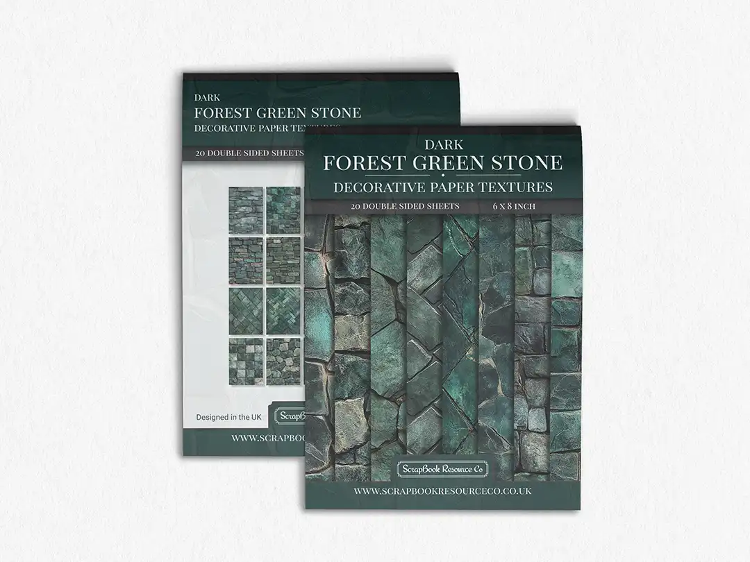 Front and Back cover of a decorative paper prints pad that contains green coloured stone textures