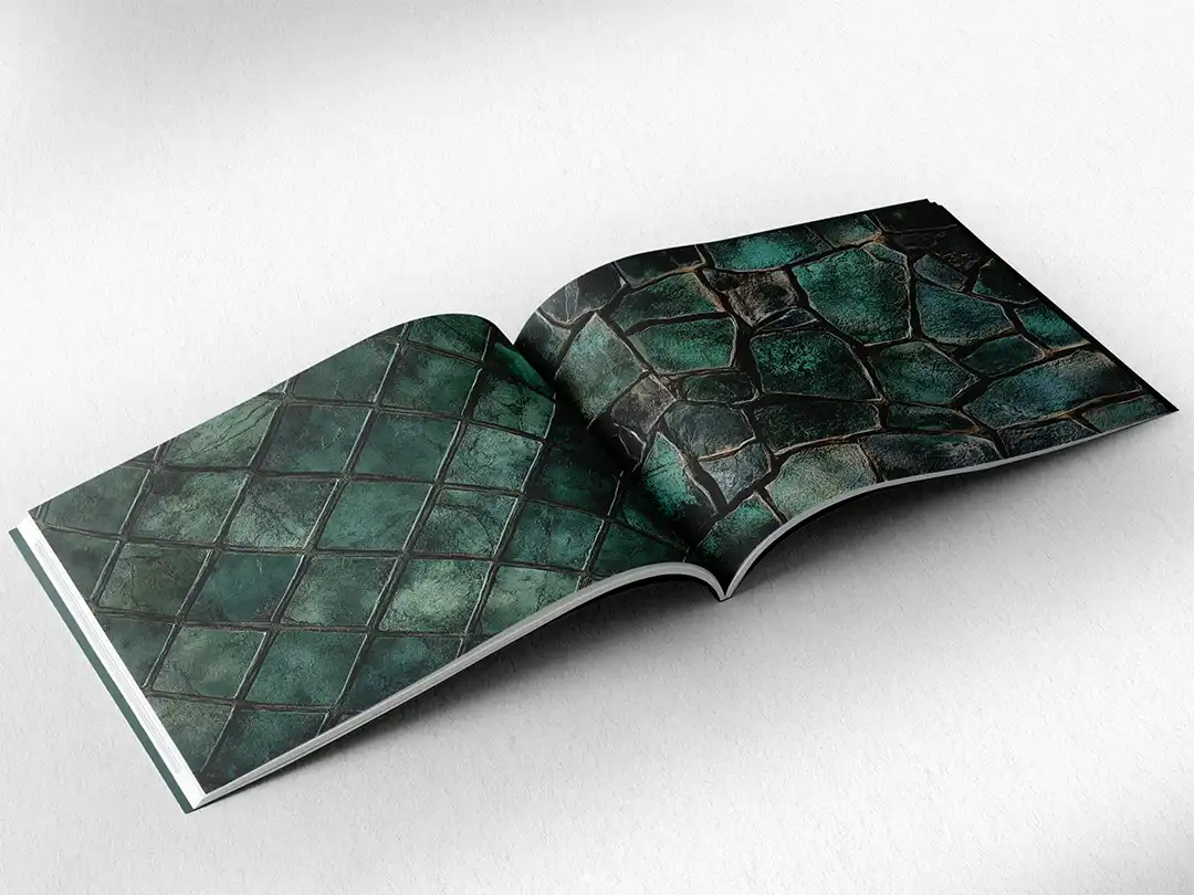 open book showing the inside pages of the decorative stone textures prints pad. The picture inside the book is a green stone texture
