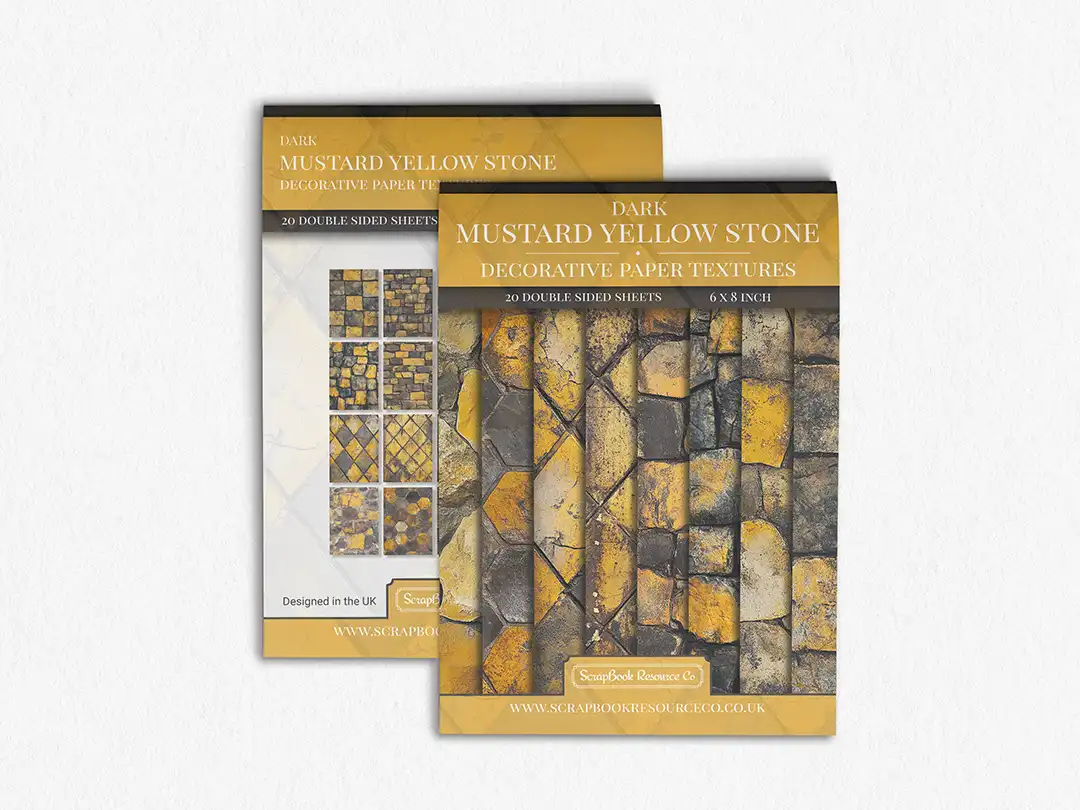 Front and Back cover of a decorative paper prints pad that contains yellow coloured stone textures
