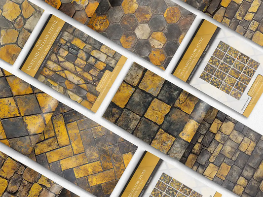 Collage of print pads organised into neat rows opened on various pages to display the inside pages which contain yellow coloured stone textures