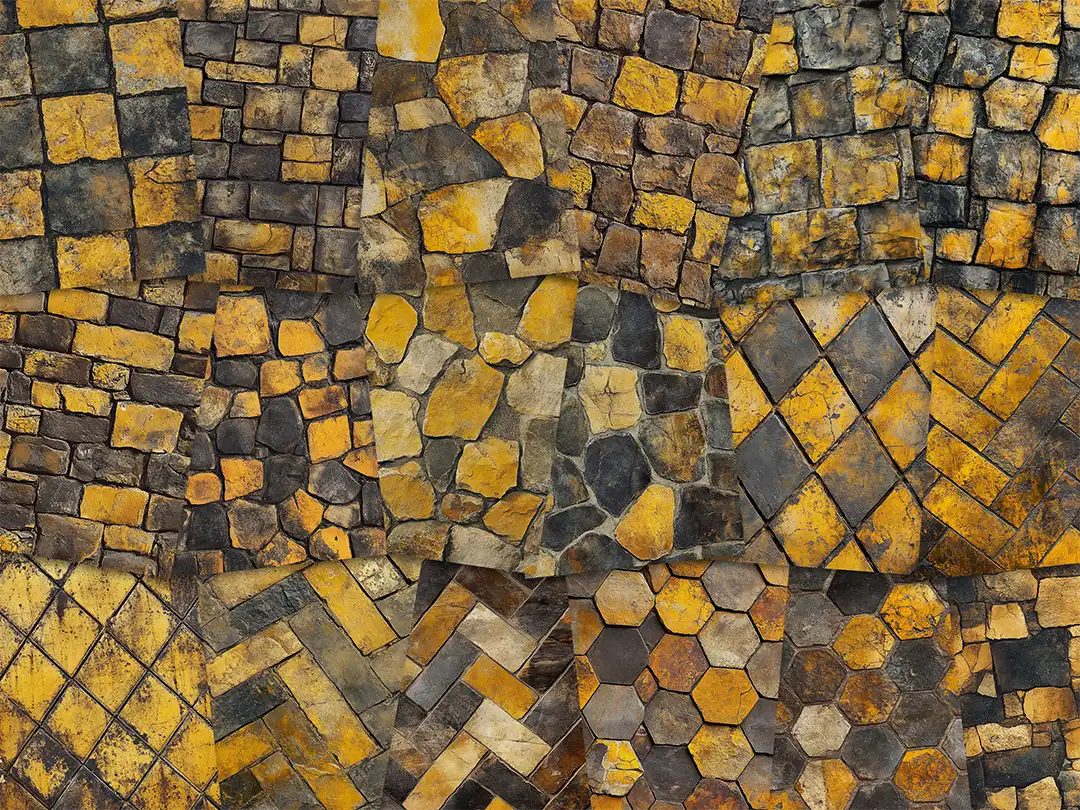 Collage of paper sheets showing the content of the stone textures prints pad. The images on the paper sheets are stone textures in yellow colours