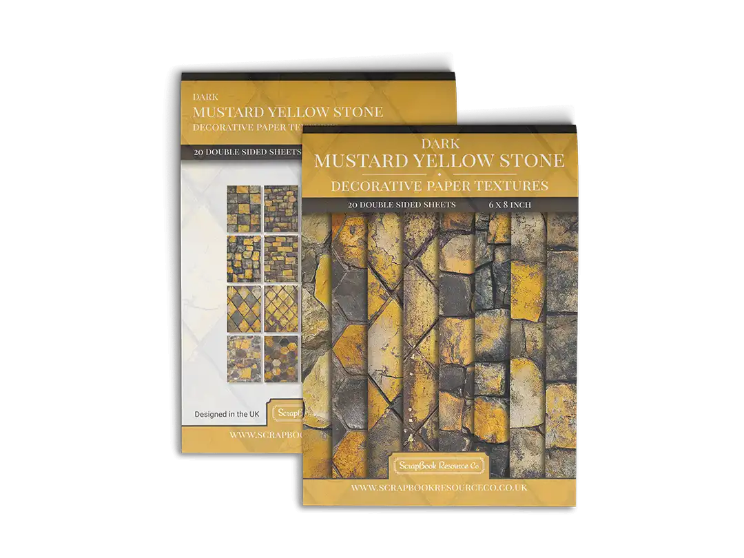 Front and Back cover of a decorative paper prints pad that contains yellow coloured stone textures