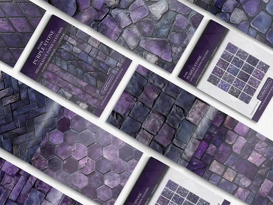 Collage of print pads organised into neat rows opened on various pages to display the inside pages which contain purple coloured stone textures