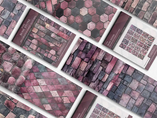 Collage of print pads organised into neat rows opened on various pages to display the inside pages which contain pink coloured stone textures