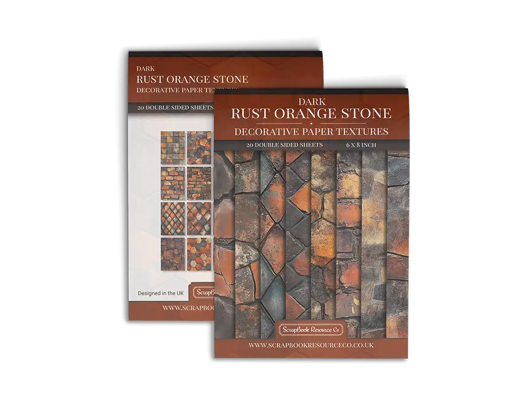 Front and Back cover of a decorative paper prints pad that contains orange coloured stone textures