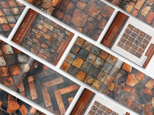 Collage of print pads organised into neat rows opened on various pages to display the inside pages which contain orange coloured stone textures