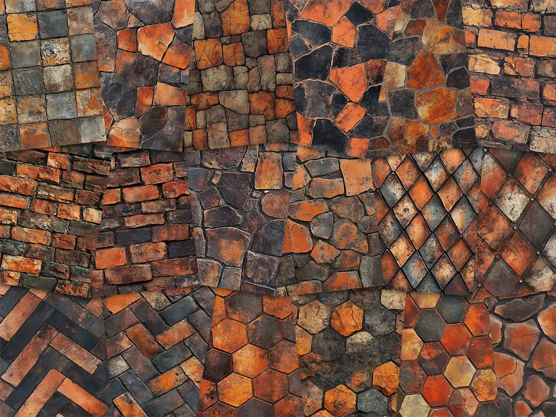 Collage of paper sheets showing the content of the stone textures prints pad. The images on the paper sheets are stone textures in orange colours