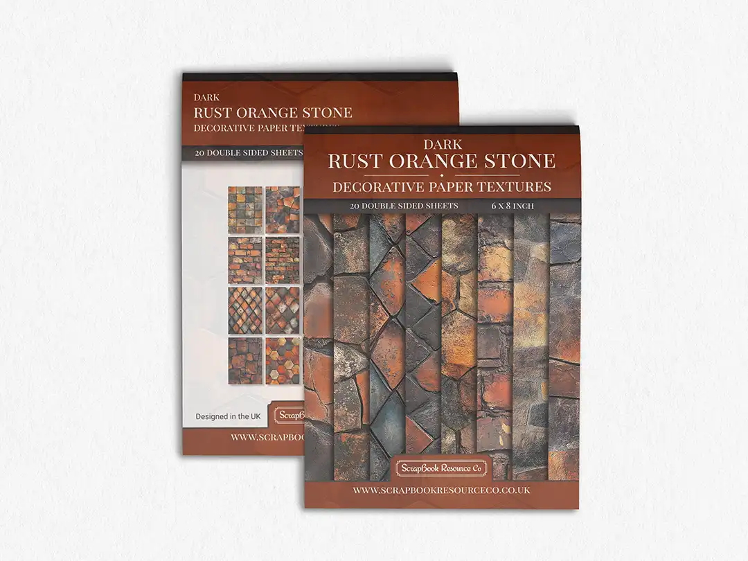 Front and Back cover of a decorative paper prints pad that contains orange coloured stone textures
