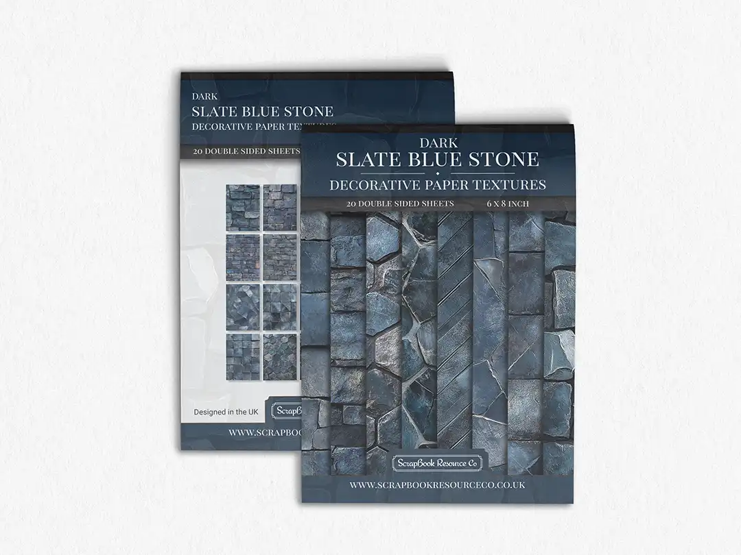 Front and Back cover of a decorative paper prints pad that contains blue coloured stone textures