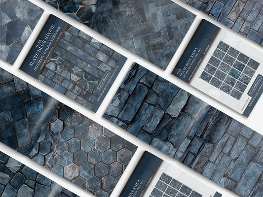 Collage of print pads organised into neat rows opened on various pages to display the inside pages which contain blue coloured stone textures