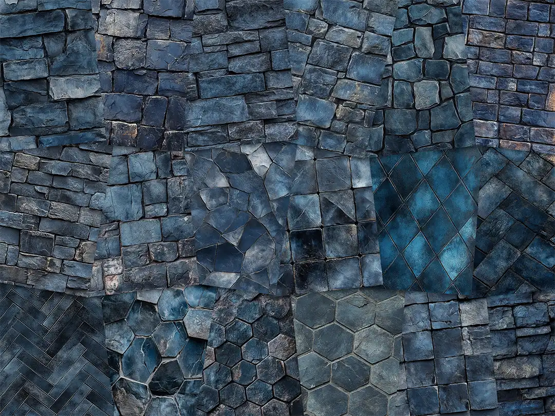 Collage of paper sheets showing the content of the stone textures prints pad. The images on the paper sheets are stone textures in blue colours