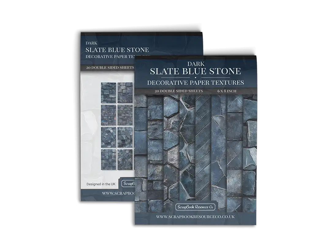 Front and Back cover of a decorative paper prints pad that contains blue coloured stone textures