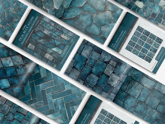 Collage of print pads organised into neat rows opened on various pages to display the inside pages which contain blue coloured stone textures
