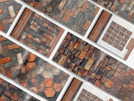 Collage of print pads organised into neat rows opened on various pages to display the inside pages which contain orange coloured stone textures