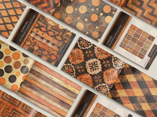 Collage of print pads organised into neat rows opened on various pages to display the inside pages which contain various orange coloured textures and patterns