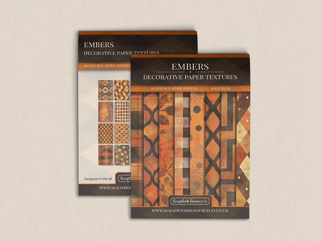 Front and back cover of a decorative paper prints pad with various patterns and textures in a orange colour, intended for use in junk journaling, scrapbooking, and cardmaking.