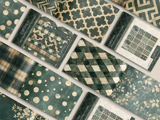 Collage of print pads organised into neat rows opened on various pages to display the inside pages which contain various green coloured textures and patterns