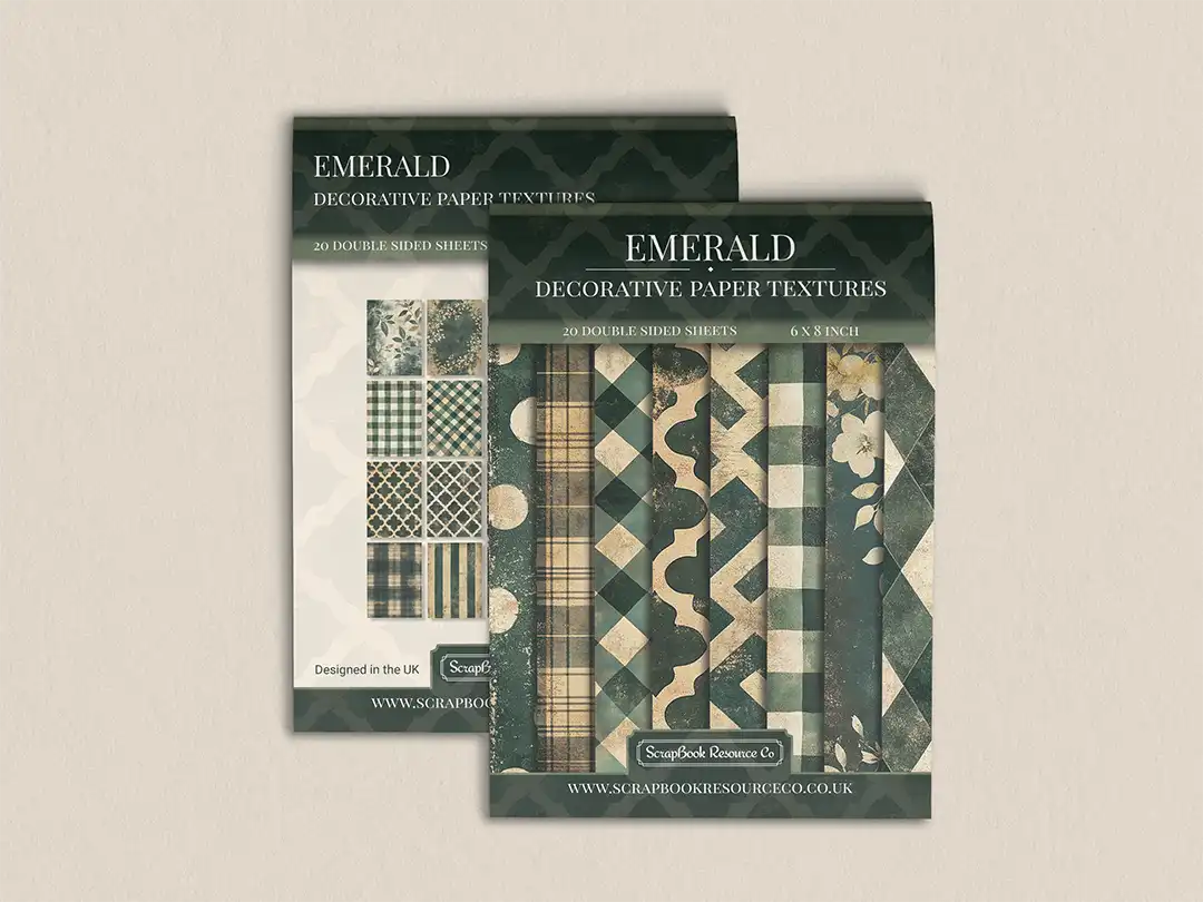 Front and back cover of a decorative paper prints pad with various patterns and textures in a dark green colour, intended for use in junk journaling, scrapbooking, and cardmaking.