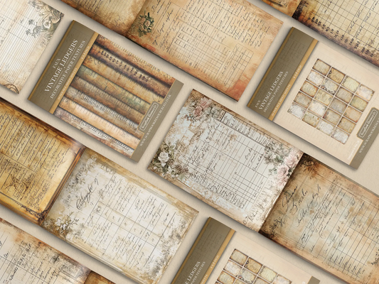 Collage of print pads organised into neat rows opened on various pages to display the inside pages which contain vintage ledger textures