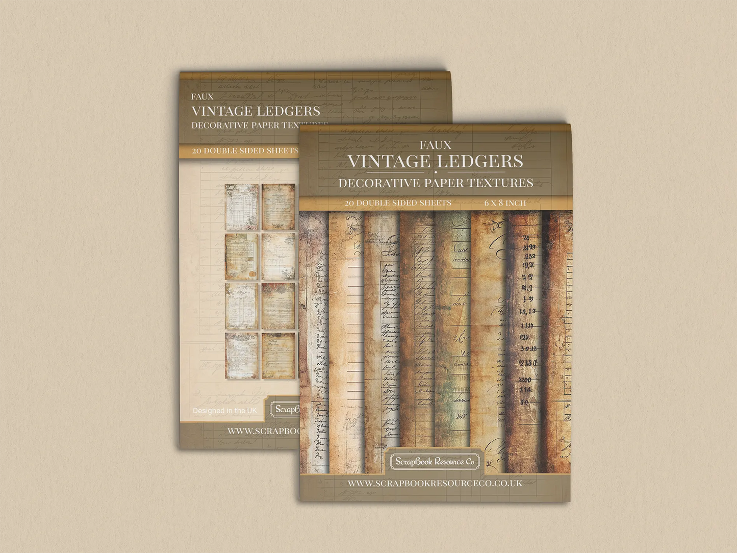 Pack of faux vintage ledger paper prints with various patterns, intended for use in scrapbooking, journaling, and cardmaking.