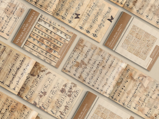 Collage of print pads organised into neat rows opened on various pages to display the inside pages which contain vintage music sheet textures