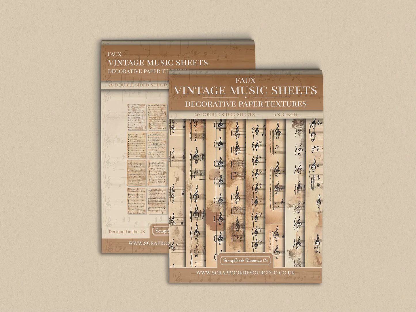 Pack of faux vintage music sheets with decorative paper textures for use in scrapbooking and cardmaking.