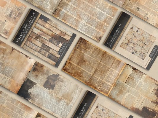 Collage of print pads organised into neat rows opened on various pages to display the inside pages which contain vintage news paper articles textures