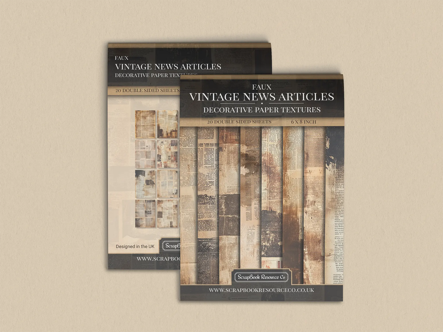 Pack of faux vintage news articles decorative paper prints, with various printed textures and patterns, for use in scrapbooking and cardmaking.