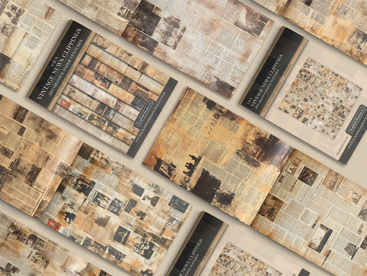 Collage of print pads organised into neat rows opened on various pages to display the inside pages which contain vintage news paper clippings textures