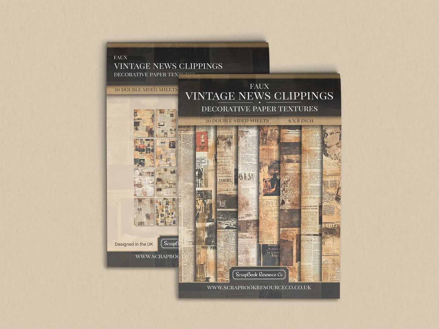Pack of faux vintage news clippings decorative paper prints, with various printed textures and patterns, for use in scrapbooking and cardmaking.