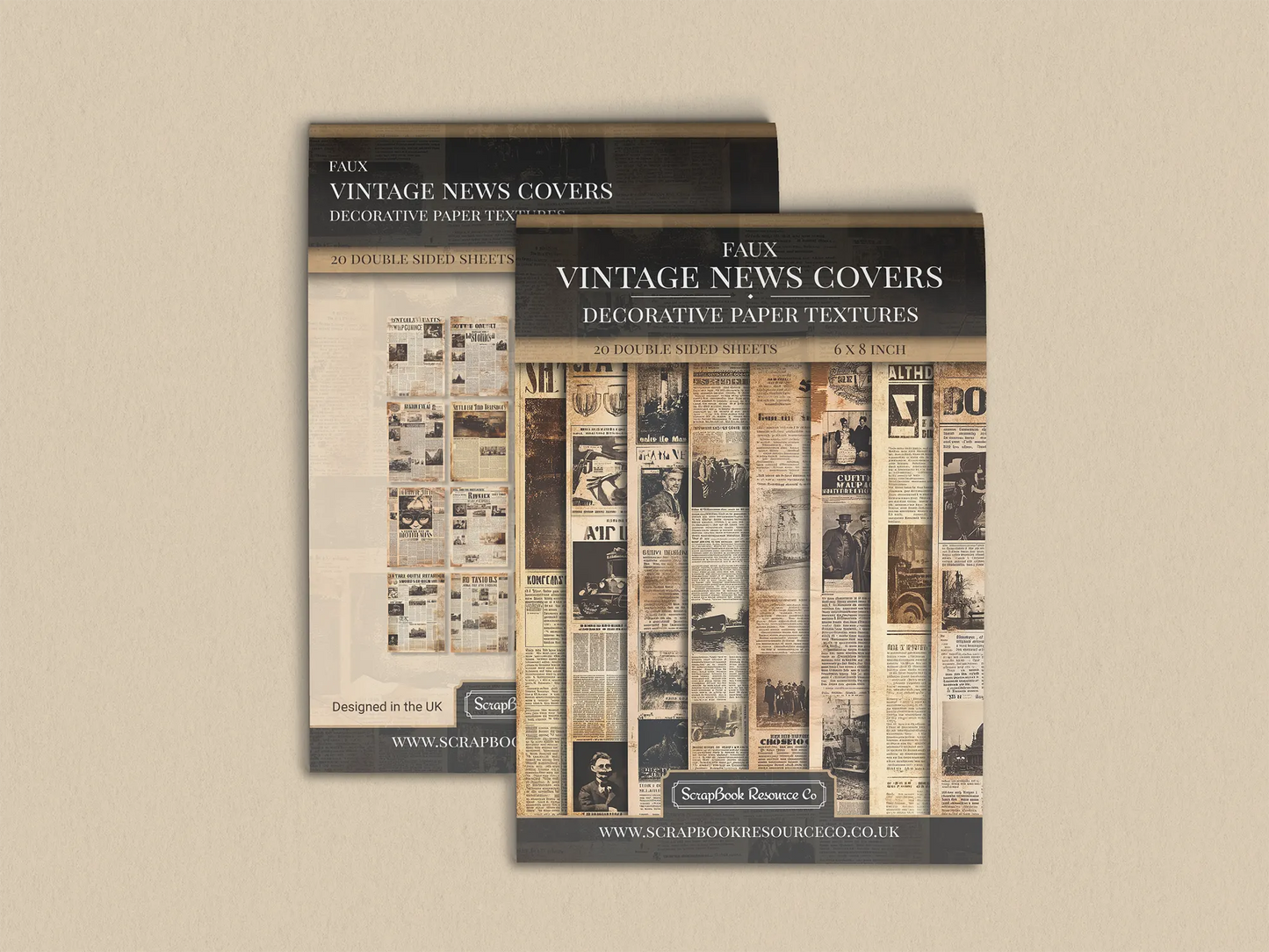 Pack of faux vintage newspaper covers for use in scrapbooking and cardmaking, showing various printed patterns and textures.