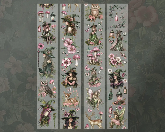 A roll of decorative PET tape stickers with a whimsical forest witch theme in green and pink colours, featuring illustrations of a forest witch, forest animals, fairy's, mushrooms, potion bottles, butterflies and more