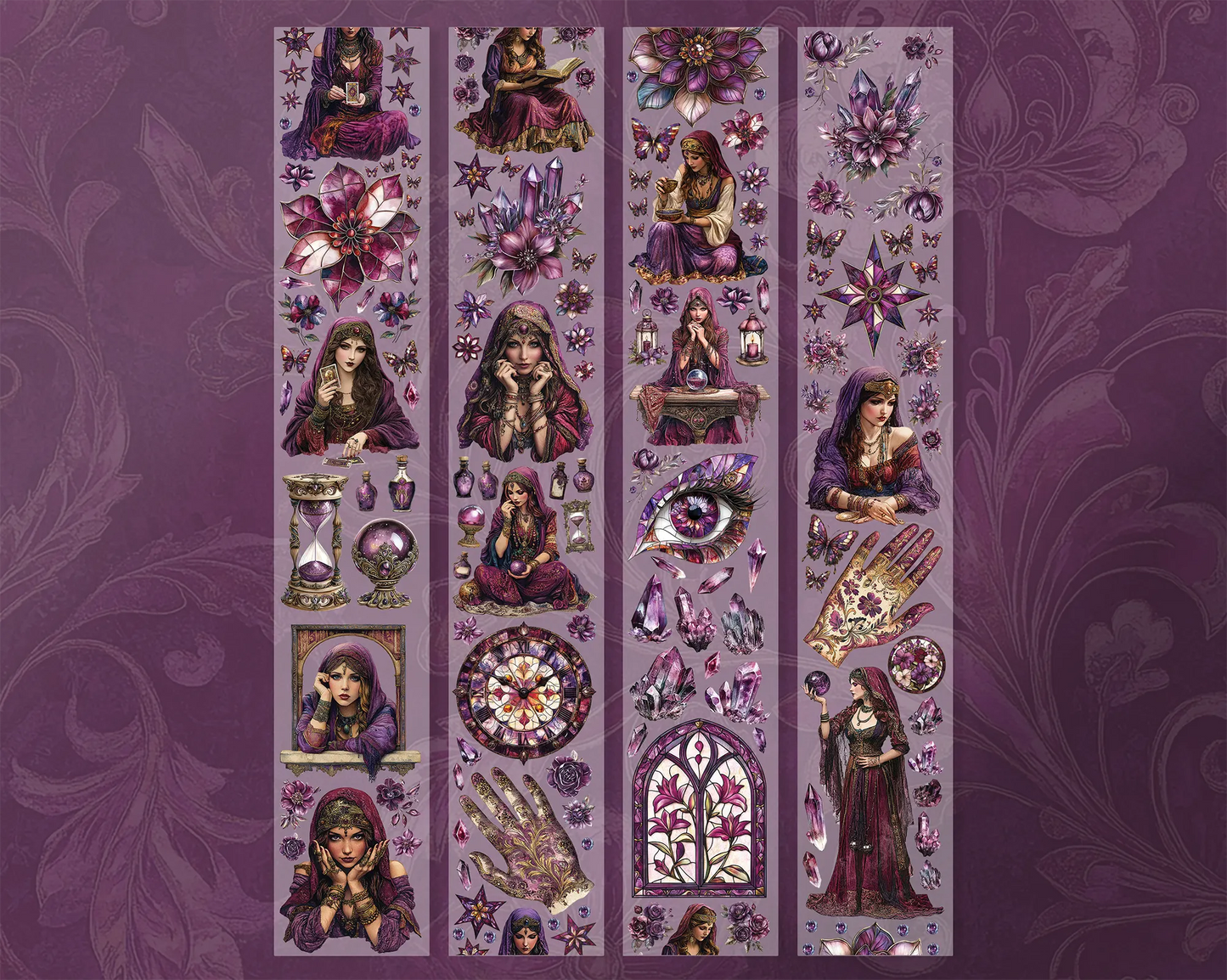 A roll of decorative PET tape stickers with a mystic fortune teller theme in purple and white colours, featuring illustrations of the fortune teller, crystal balls, palmistry, decorative stained glass flowers, crystal geodes and more
