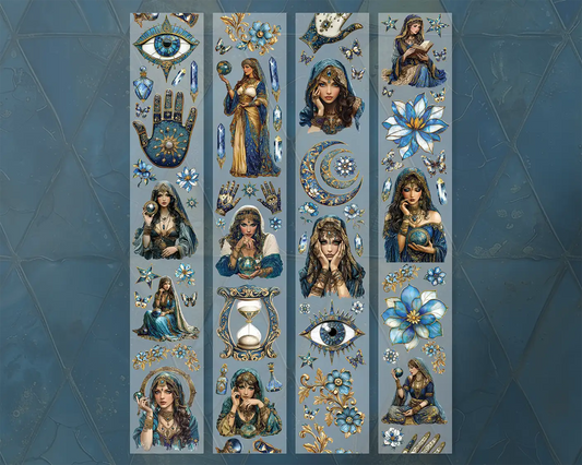 A roll of decorative PET tape stickers with a mystic fortune teller theme in blue and gold colours, featuring illustrations of the fortune teller, crystal balls, palmistry, decorative stained glass flowers, crystal geodes and more