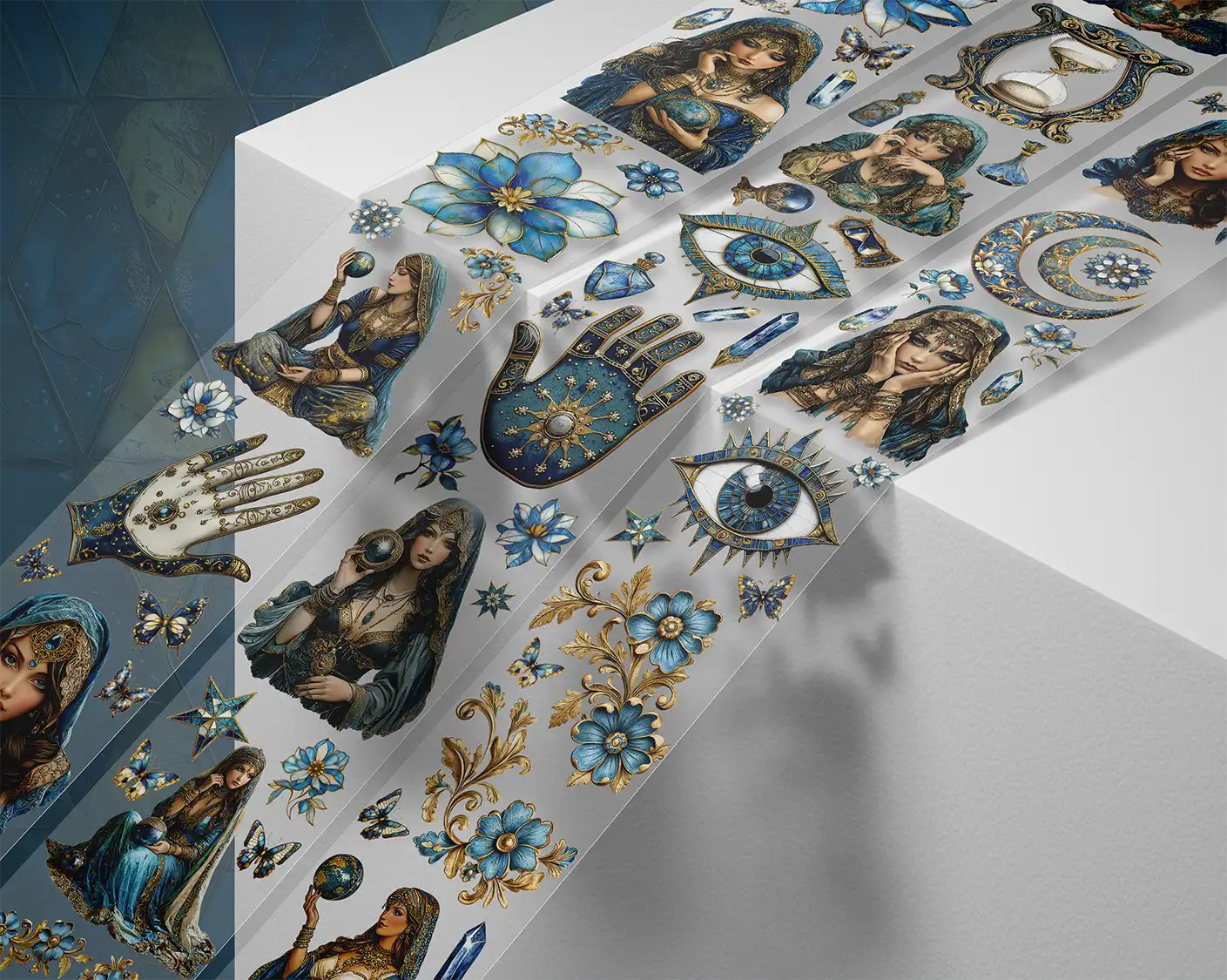 A roll of decorative PET tape stickers with a mystic fortune teller theme in blue and gold colours, featuring illustrations of the fortune teller, crystal balls, palmistry, decorative stained glass flowers, crystal geodes and more