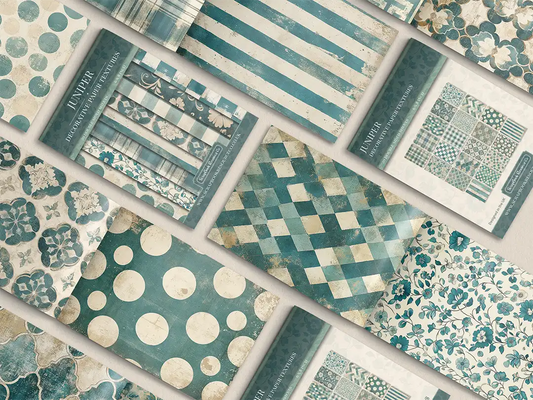 Collage of print pads organised into neat rows opened on various pages to display the inside pages which contain various teal coloured textures and patterns