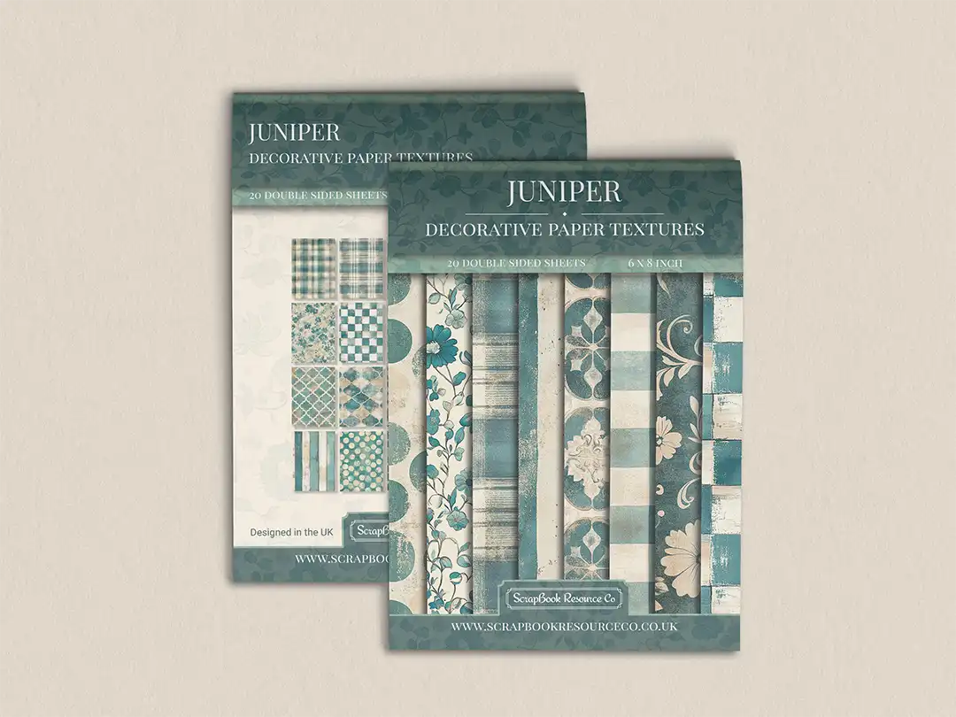 Front and back cover of a decorative paper prints pad with various patterns and textures in a teal colour, intended for use in junk journaling, scrapbooking, and cardmaking.