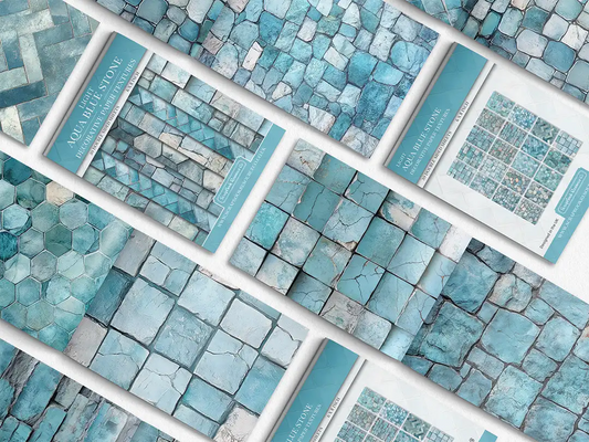 Collage of print pads organised into neat rows opened on various pages to display the inside pages which contain blue coloured stone textures