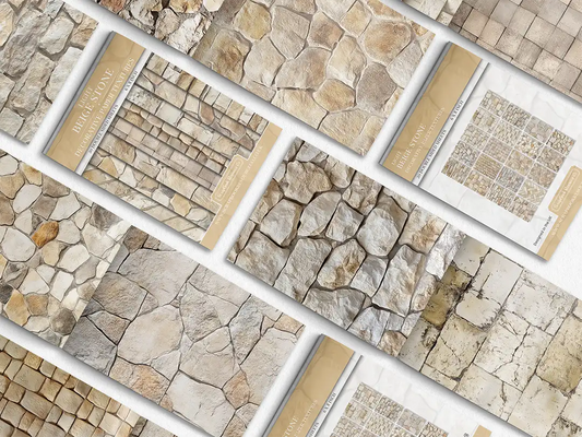 Collage of print pads organised into neat rows opened on various pages to display the inside pages which contain beige coloured stone textures