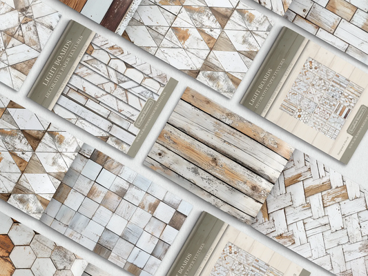 Collage of print pads organised into neat rows opened on various pages to display the inside pages which contain white coloured wooden textures