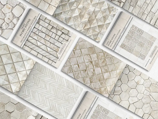 Collage of print pads organised into neat rows opened on various pages to display the inside pages which contain beige coloured stone textures