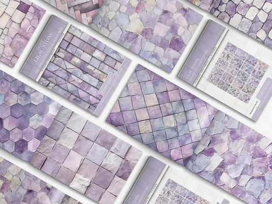 Collage of print pads organised into neat rows opened on various pages to display the inside pages which contain lilac coloured stone textures