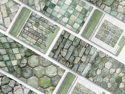 Collage of print pads organised into neat rows opened on various pages to display the inside pages which contain green coloured stone textures