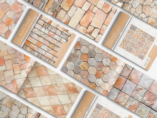 Collage of print pads organised into neat rows opened on various pages to display the inside pages which contain peach coloured stone textures