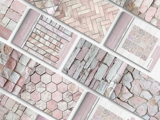 Collage of print pads organised into neat rows opened on various pages to display the inside pages which contain pink coloured stone textures