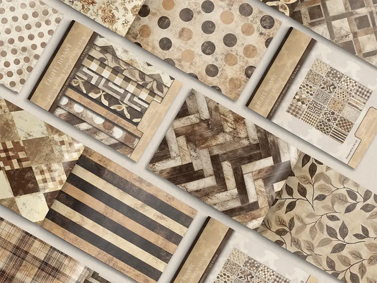 Collage of print pads organised into neat rows opened on various pages to display the inside pages which contain various beige coloured textures and patterns