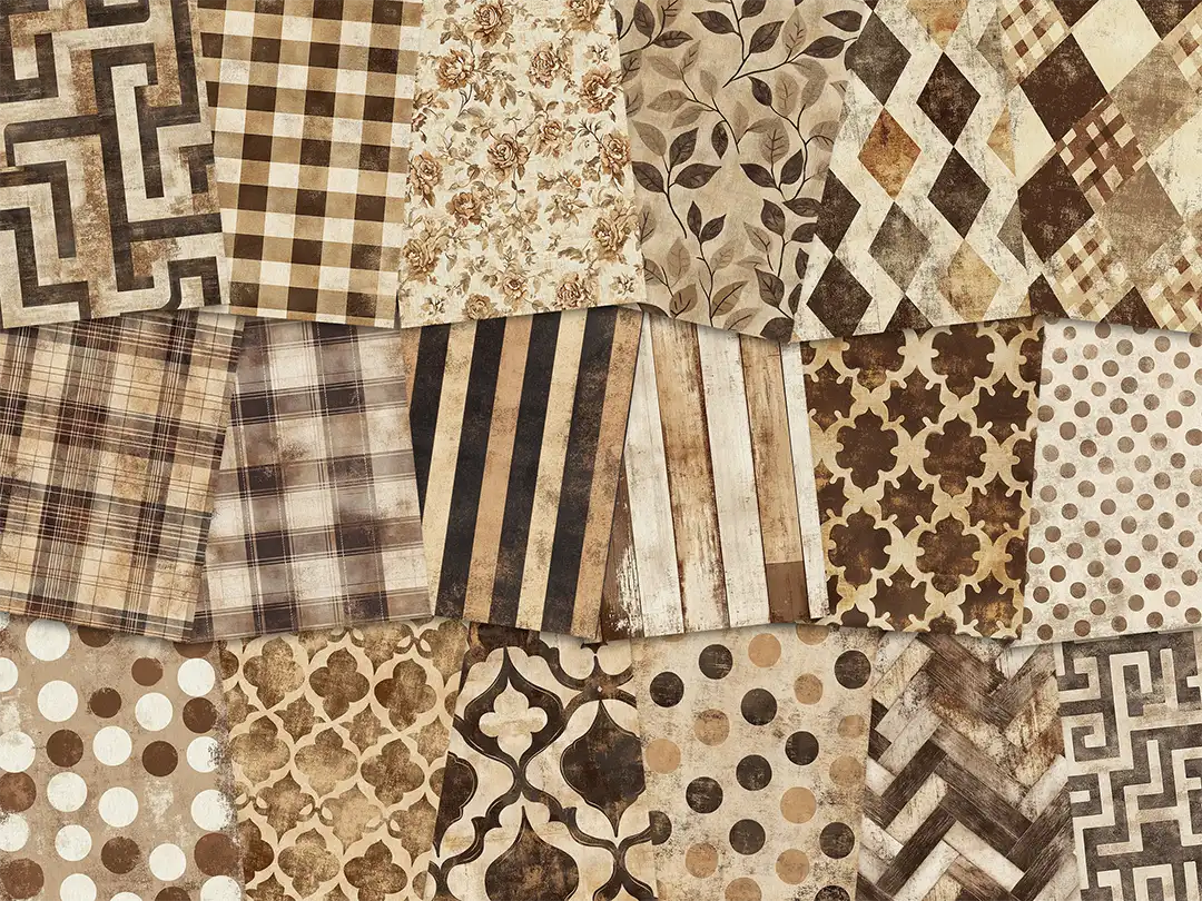 Collage of paper sheets showing the content of the patterns and textures prints pad. The images on the paper sheets are various patterns and textures in beige colours