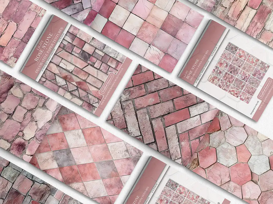 Collage of print pads organised into neat rows opened on various pages to display the inside pages which contain pink coloured stone textures