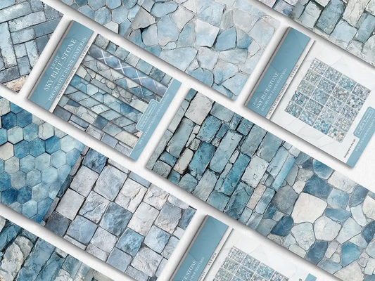 Collage of print pads organised into neat rows opened on various pages to display the inside pages which contain blue coloured stone textures