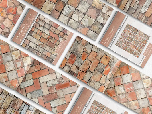 Collage of print pads organised into neat rows opened on various pages to display the inside pages which contain orange coloured stone textures